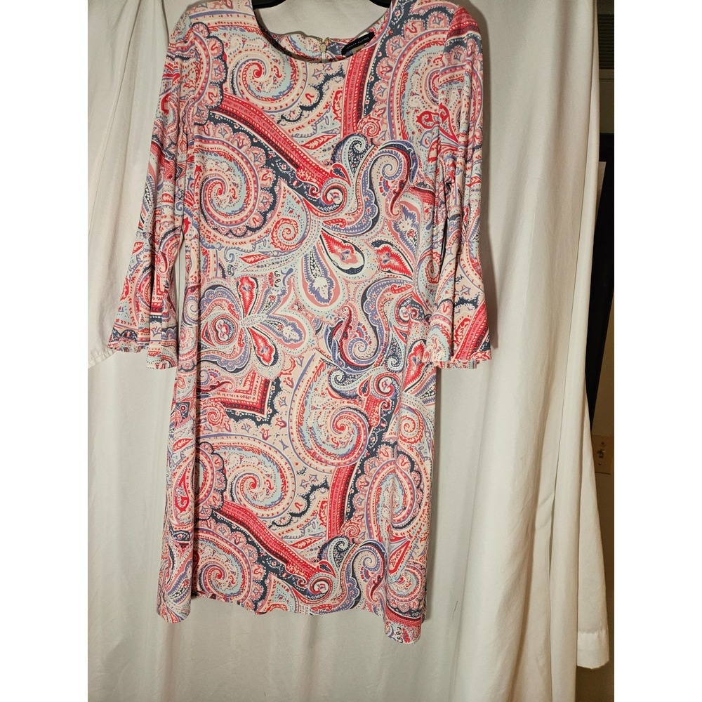 Tommy Hilfiger Fresco Paisley Dress Sz 12  Jersey Stret Bell Sleeves Logo Zipper